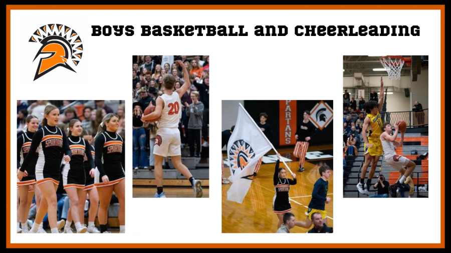 Collage of basketball team and cheerleading team
